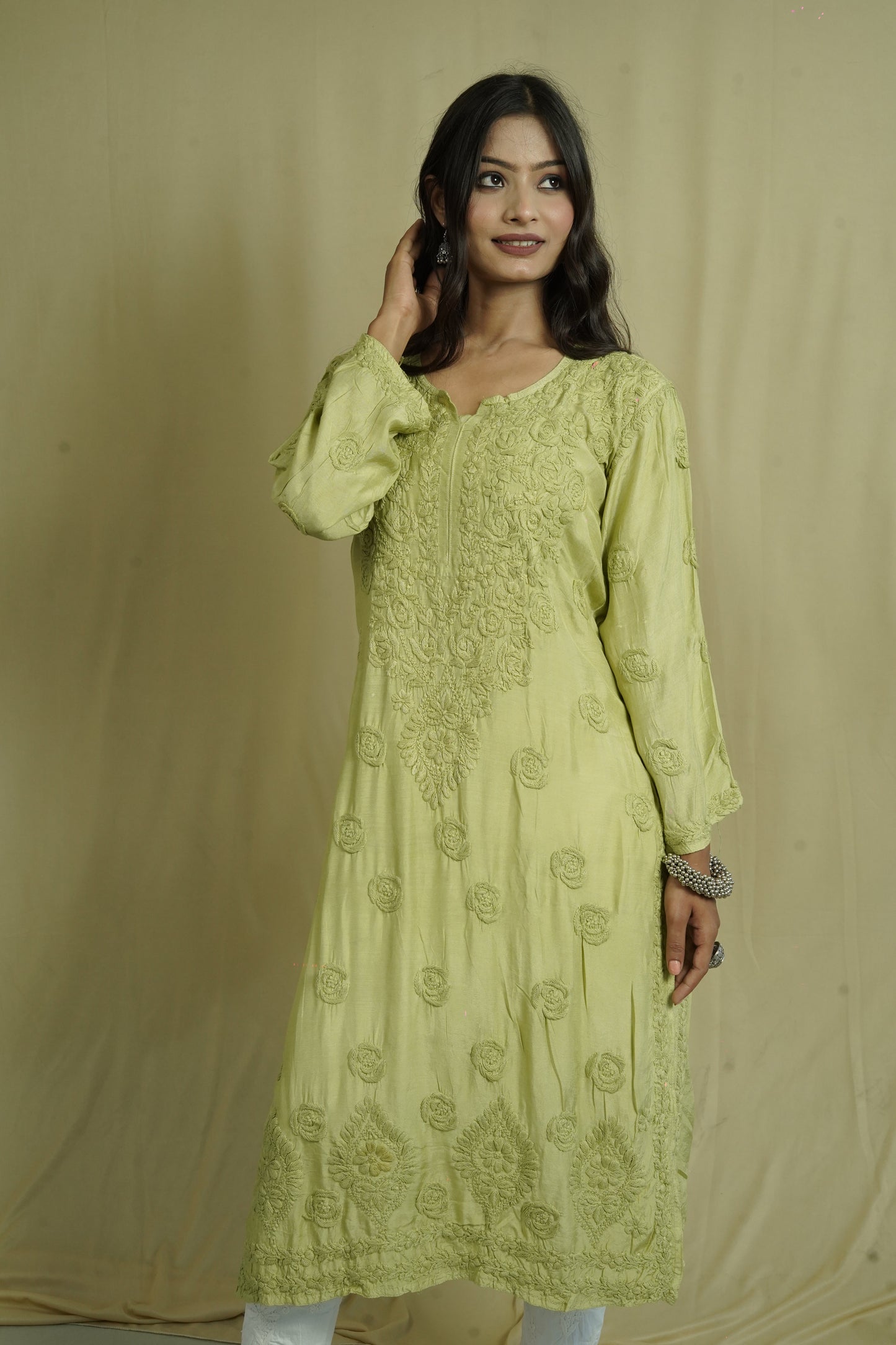 Muslin Silk Long Chikankari Kurti