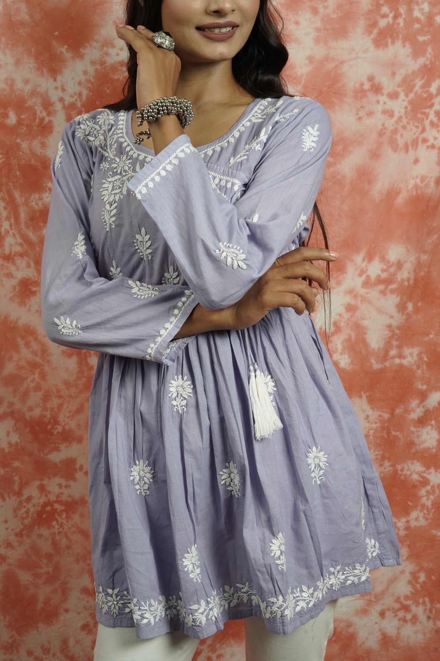 Cotton Chikankari Short Angarakha Kurti