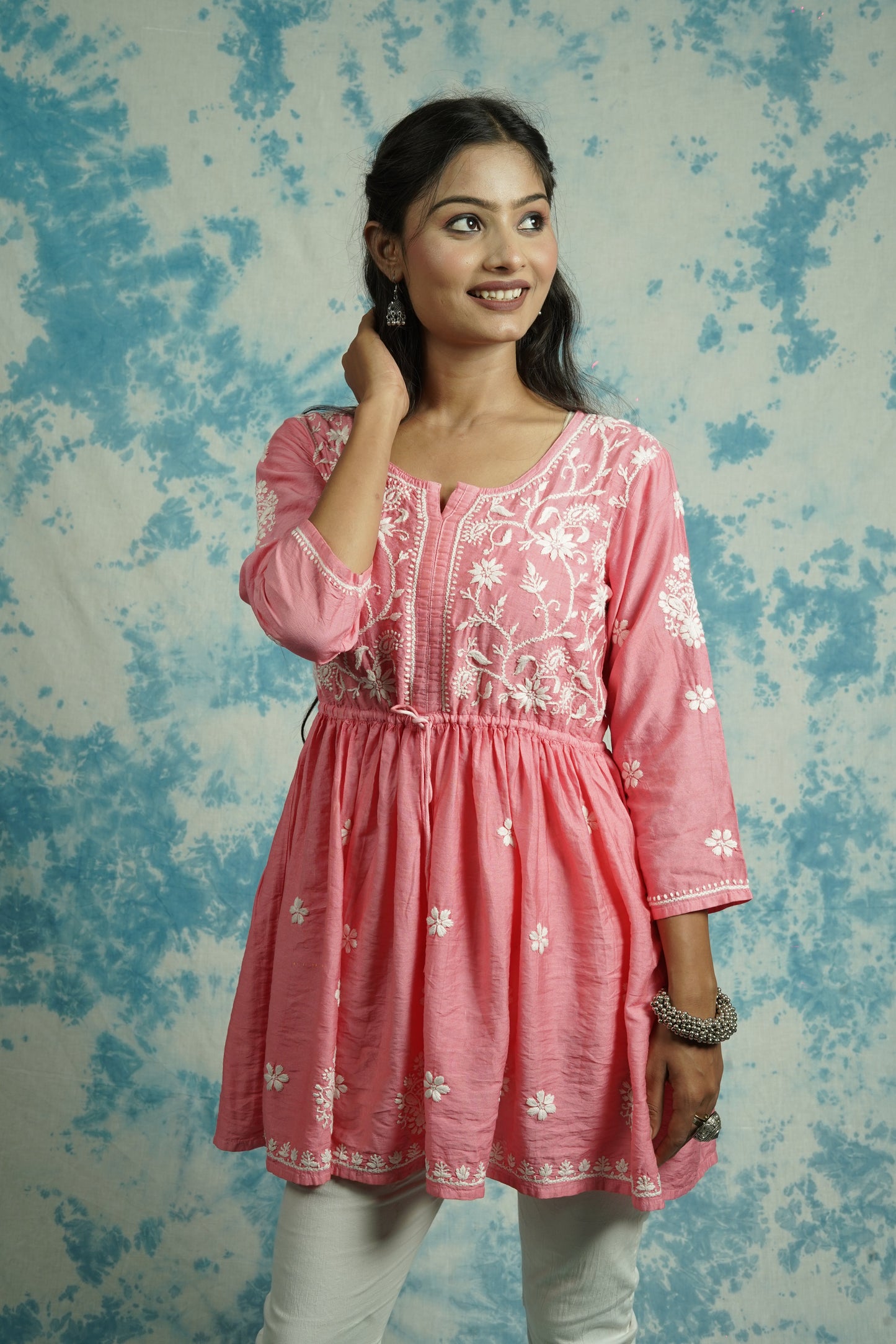 Chanderi Chikankari fit and flare short kurti
