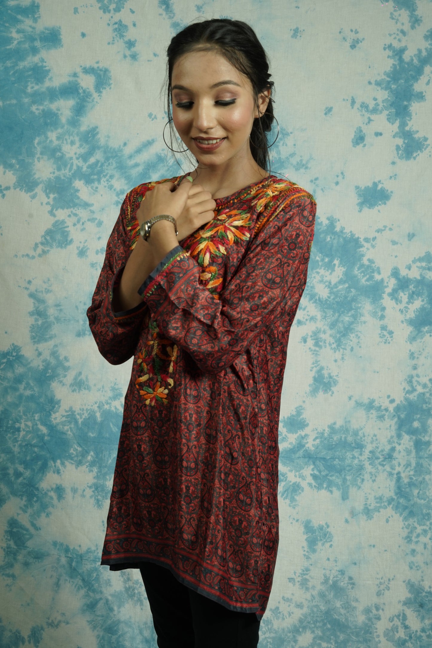 American Crepe printed short Chikankari kurti