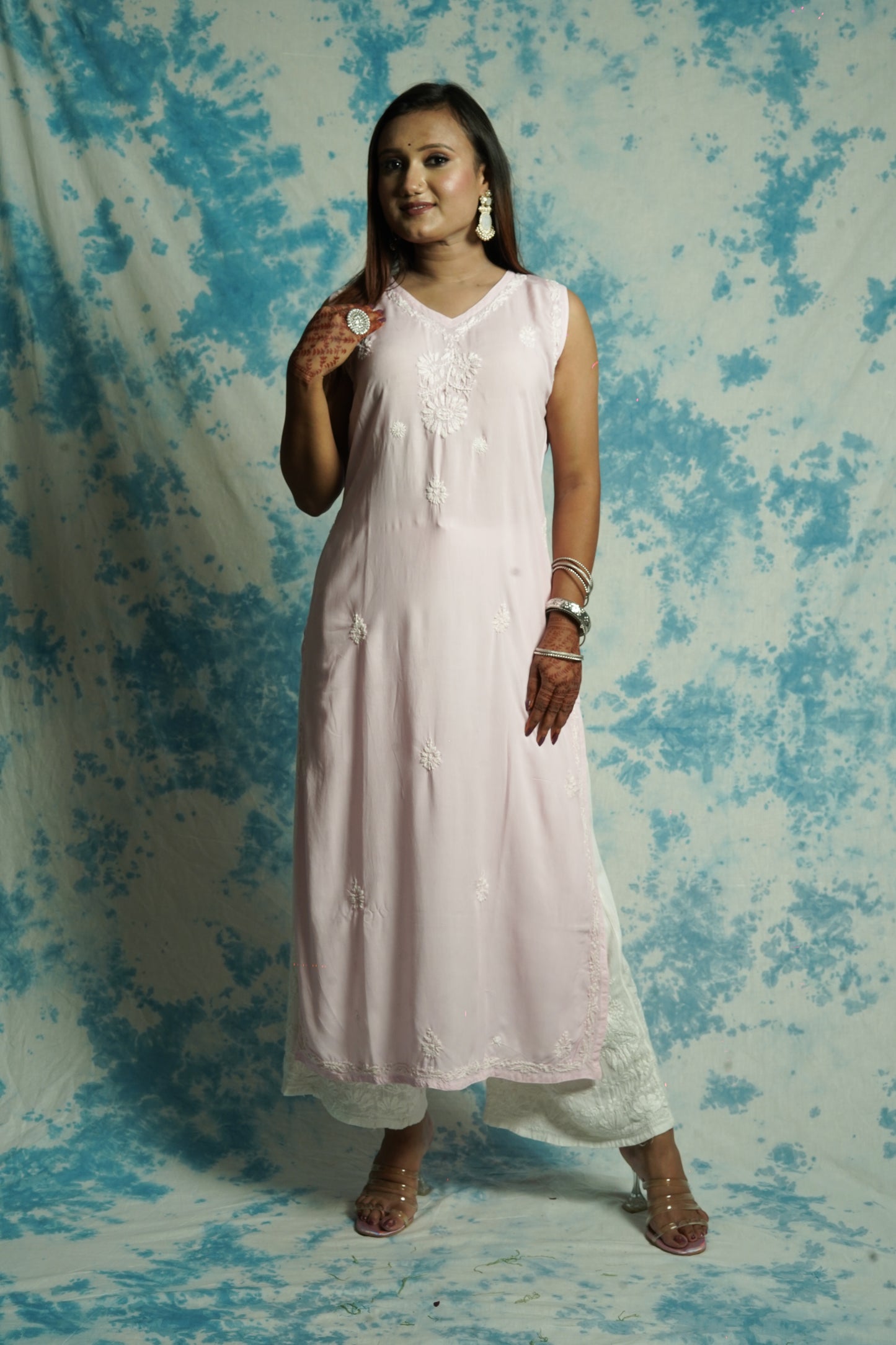 Long Muslin Chikankari sleeveless kurti