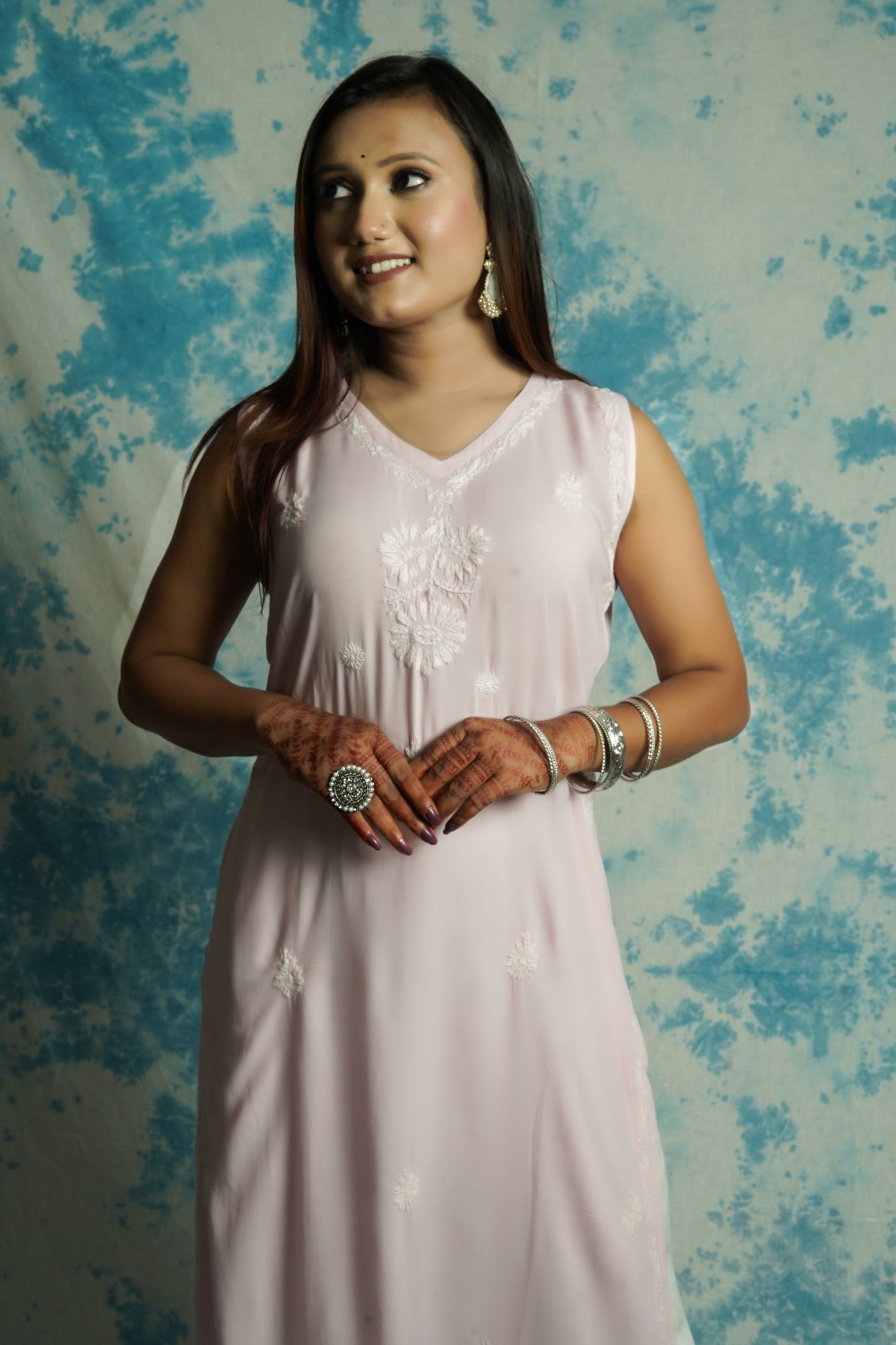 Long Muslin Chikankari sleeveless kurti