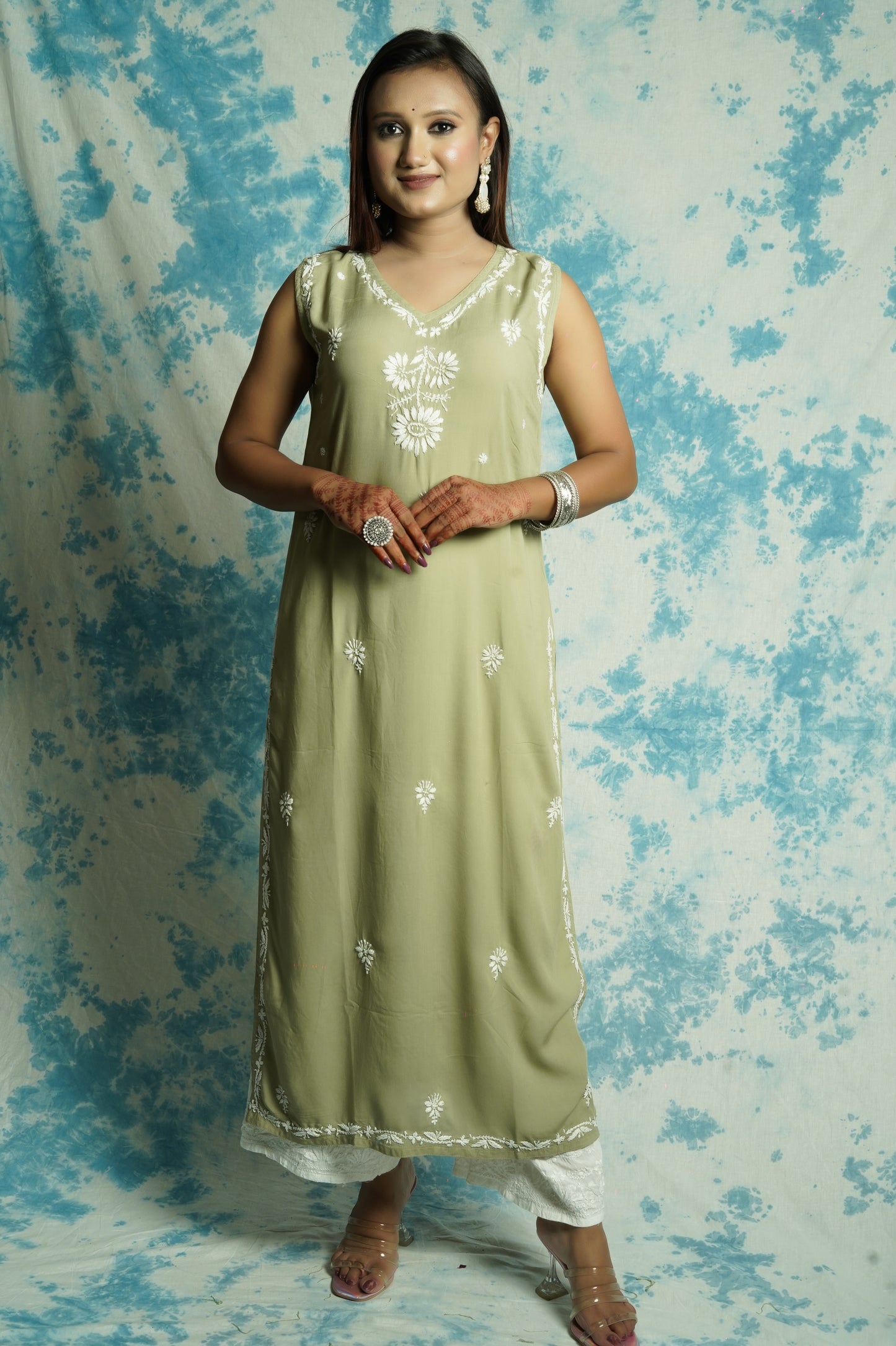 Long Muslin Chikankari sleeveless kurti
