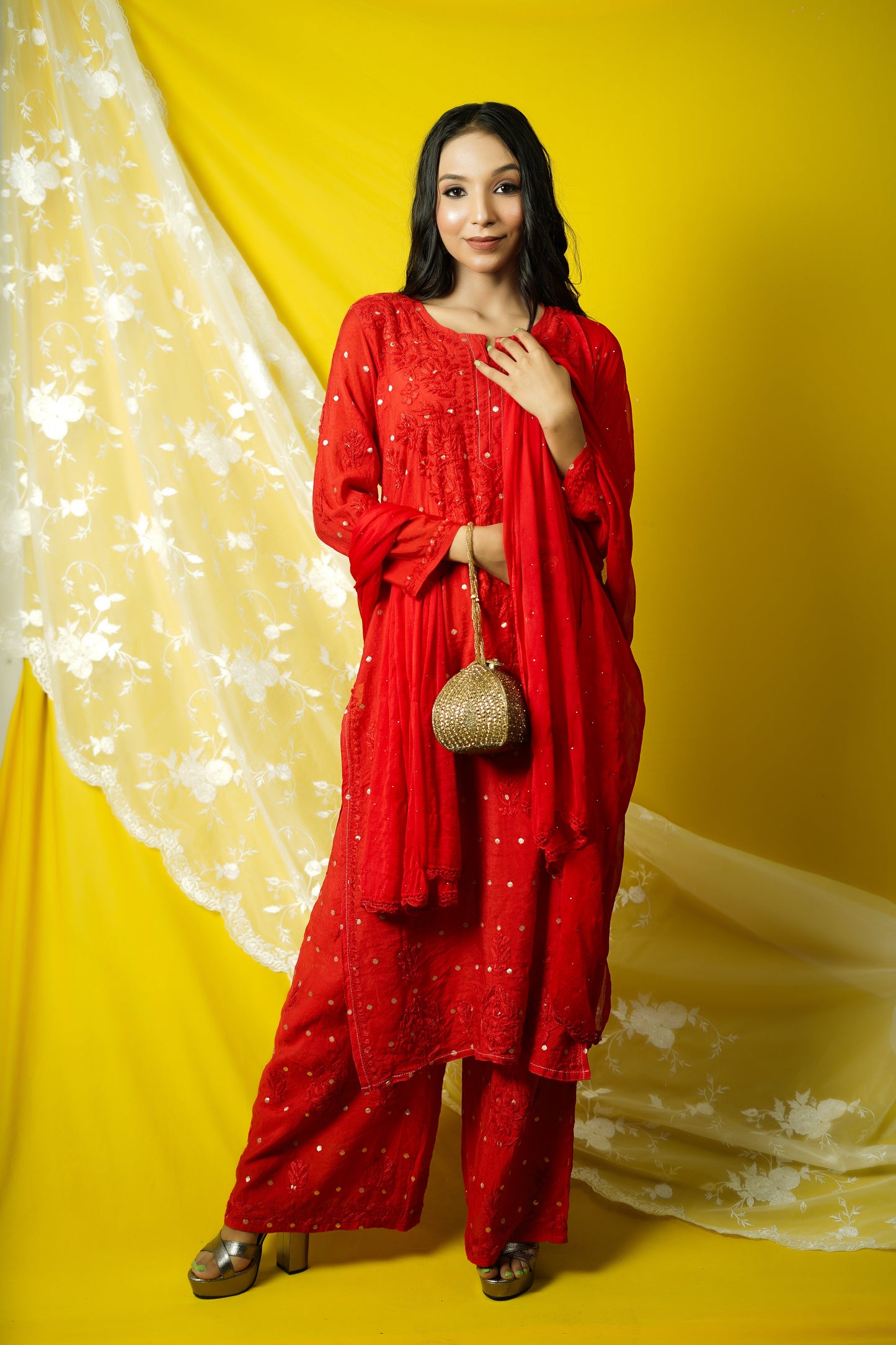 Chanderi Brocade Chikankari kurta dupatta set