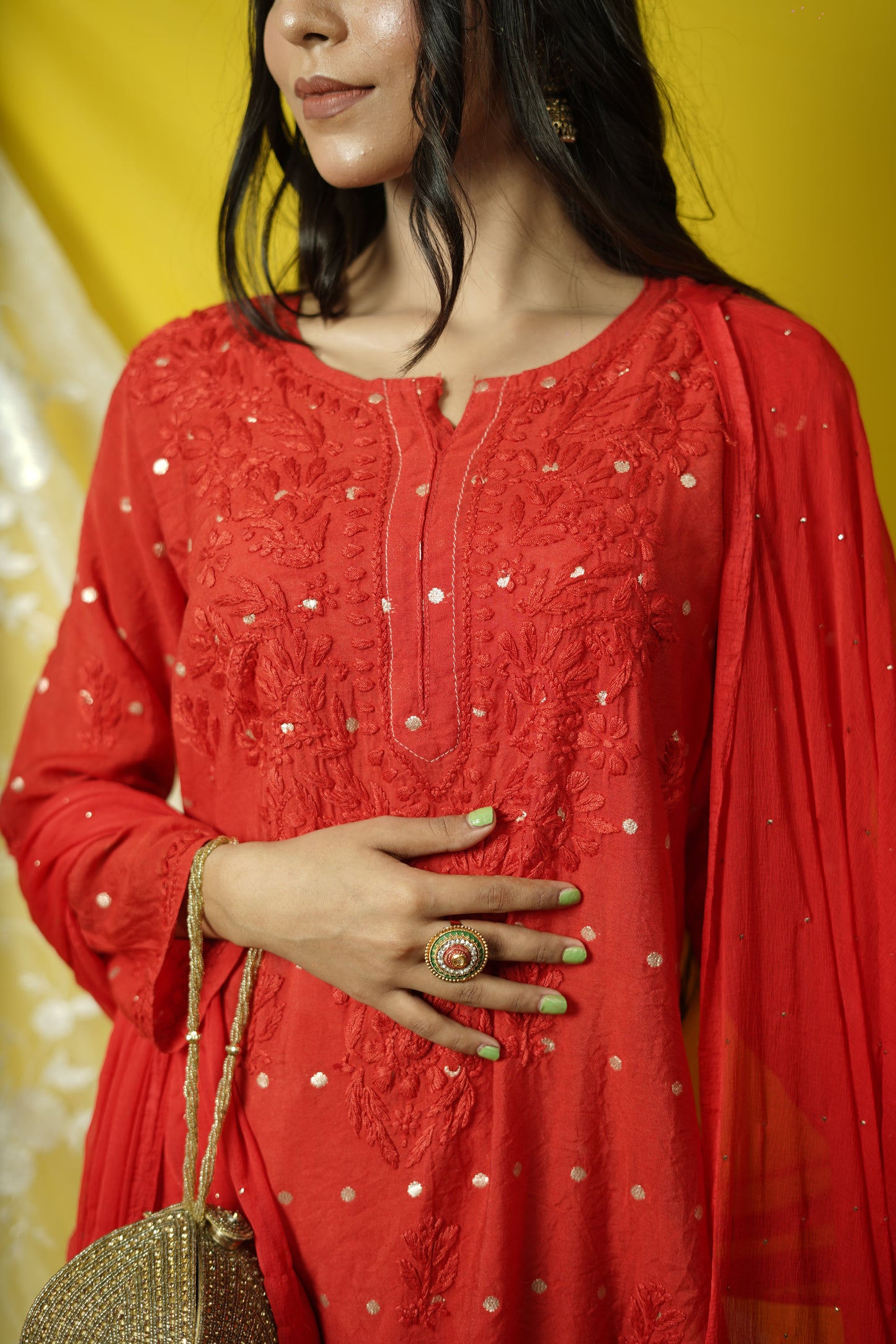 Chanderi Brocade Chikankari kurta dupatta set