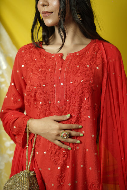 Chanderi Brocade Chikankari kurta dupatta set
