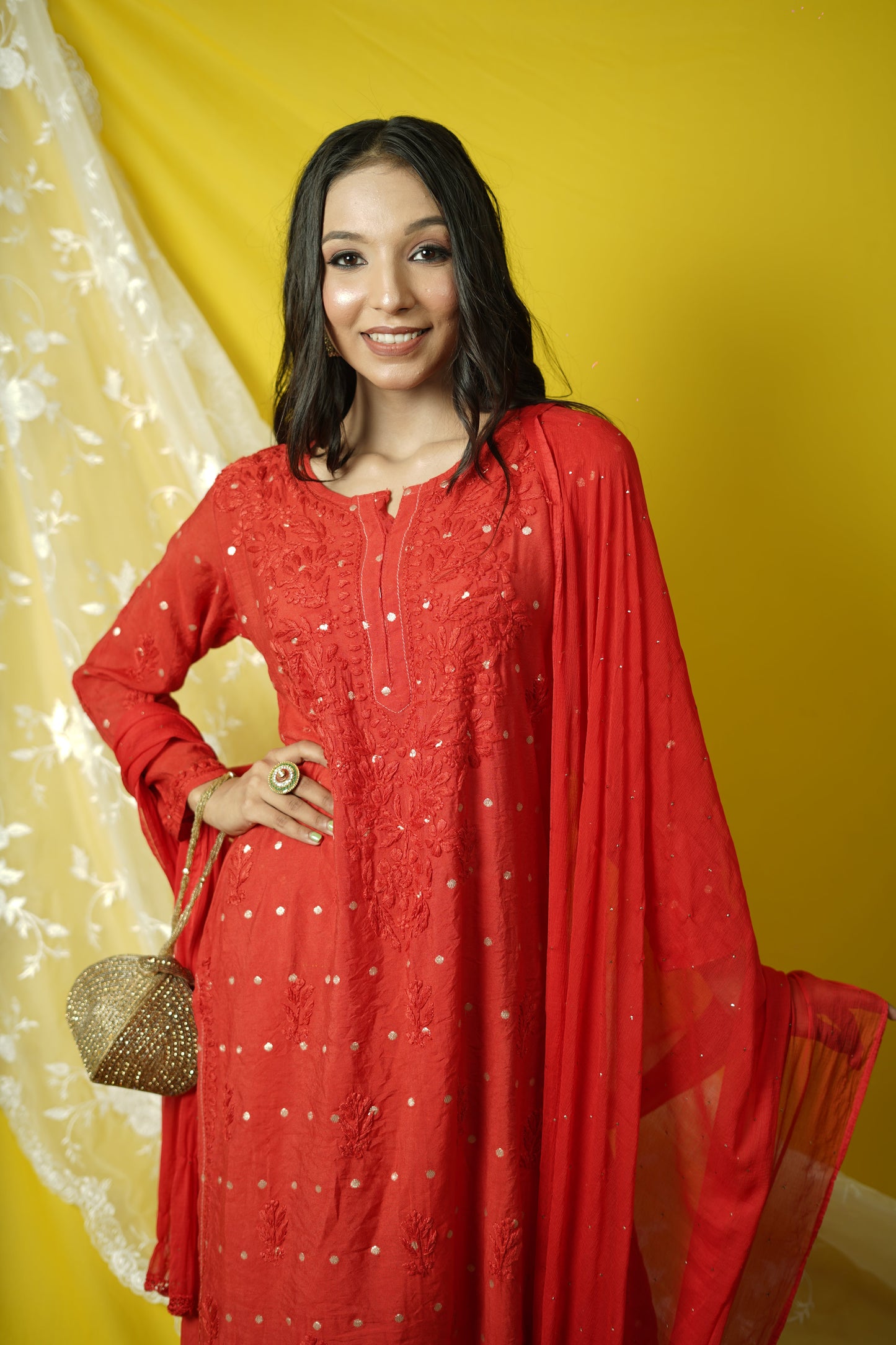 Chanderi Brocade Chikankari kurta dupatta set