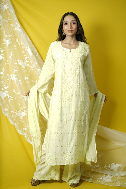 Chanderi Brocade Chikankari kurta dupatta set
