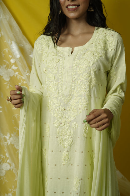Chanderi Brocade Chikankari kurta dupatta set