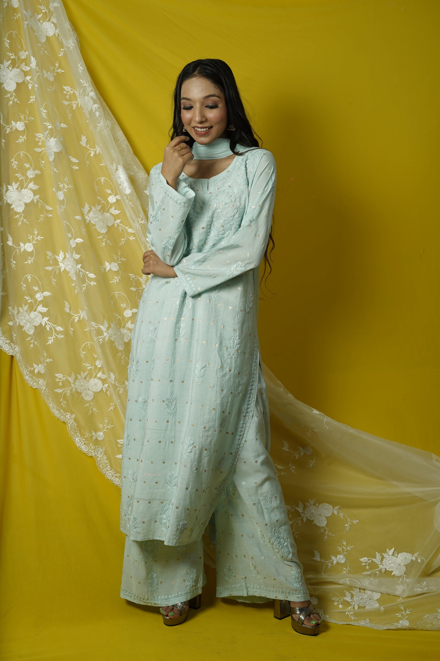 Chanderi Brocade Chikankari kurta dupatta set