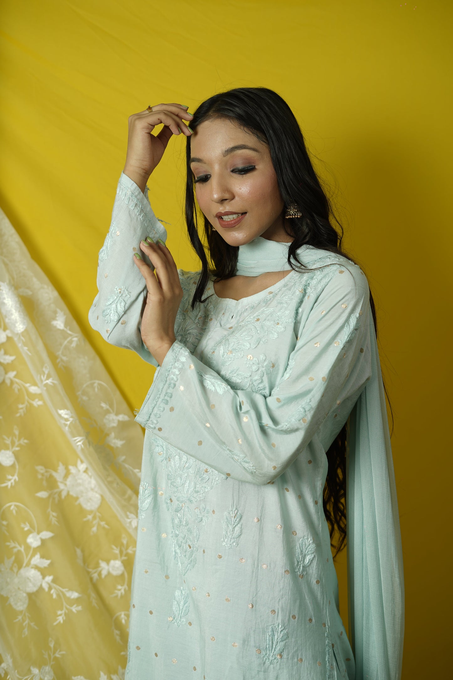 Chanderi Brocade Chikankari kurta dupatta set