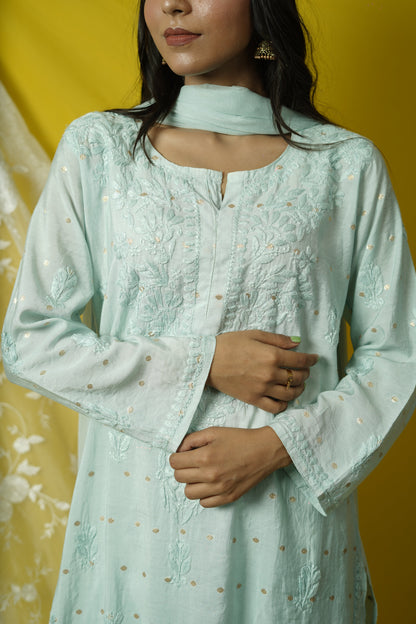 Chanderi Brocade Chikankari kurta dupatta set