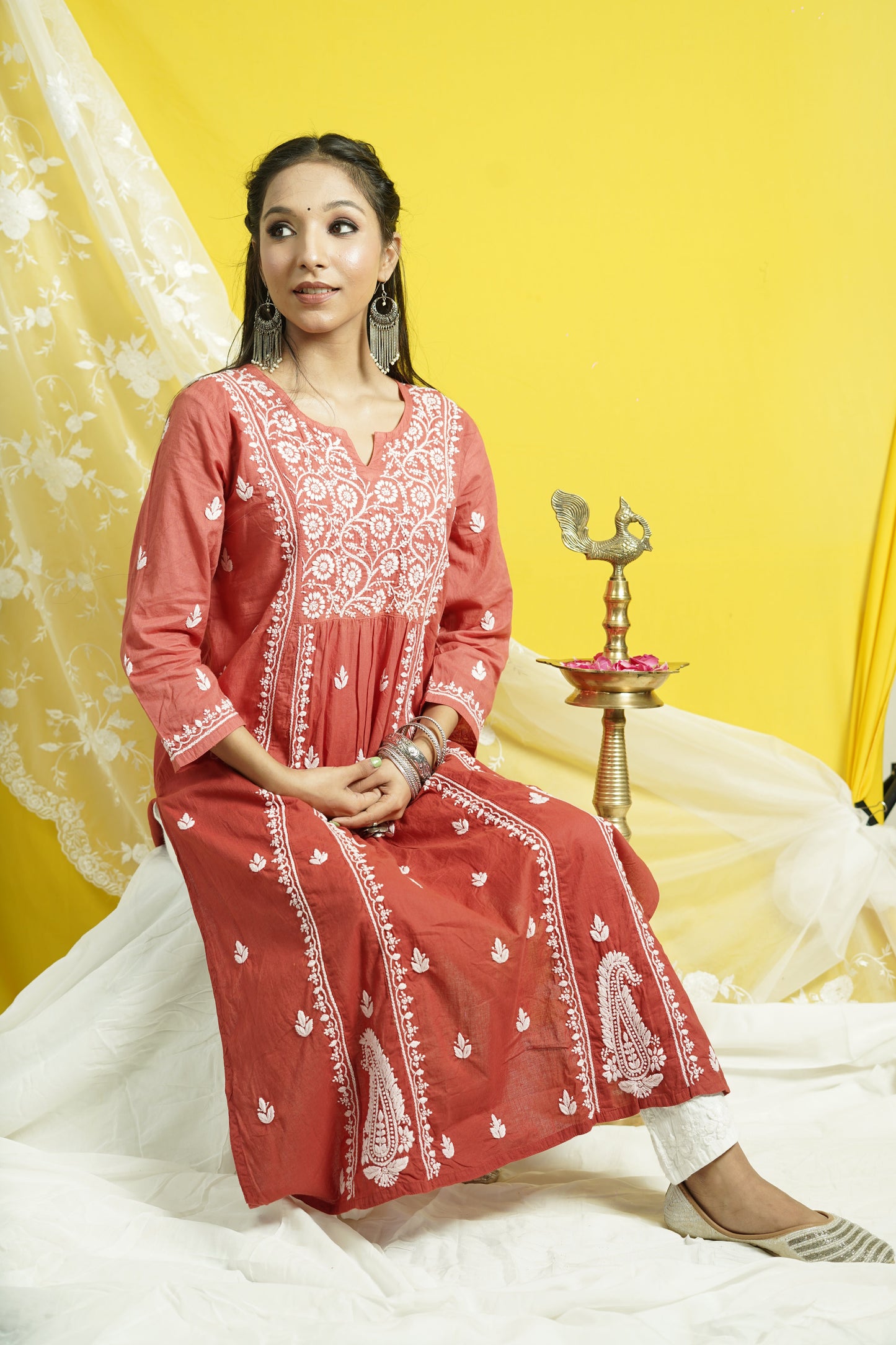 Cotton Chikankari Kalidar Long Kurti