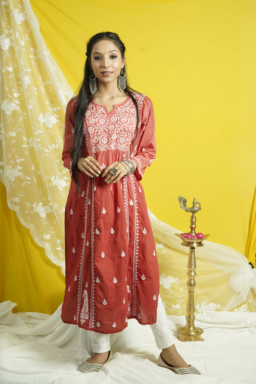 Cotton Chikankari Kalidar Long Kurti