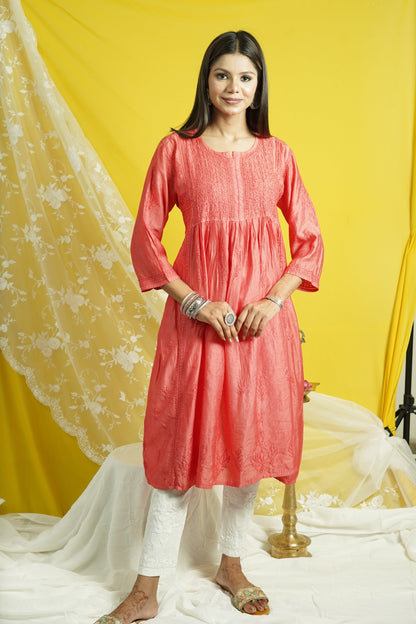 Chanderi Fit And Flare Long Chikankari Kurti