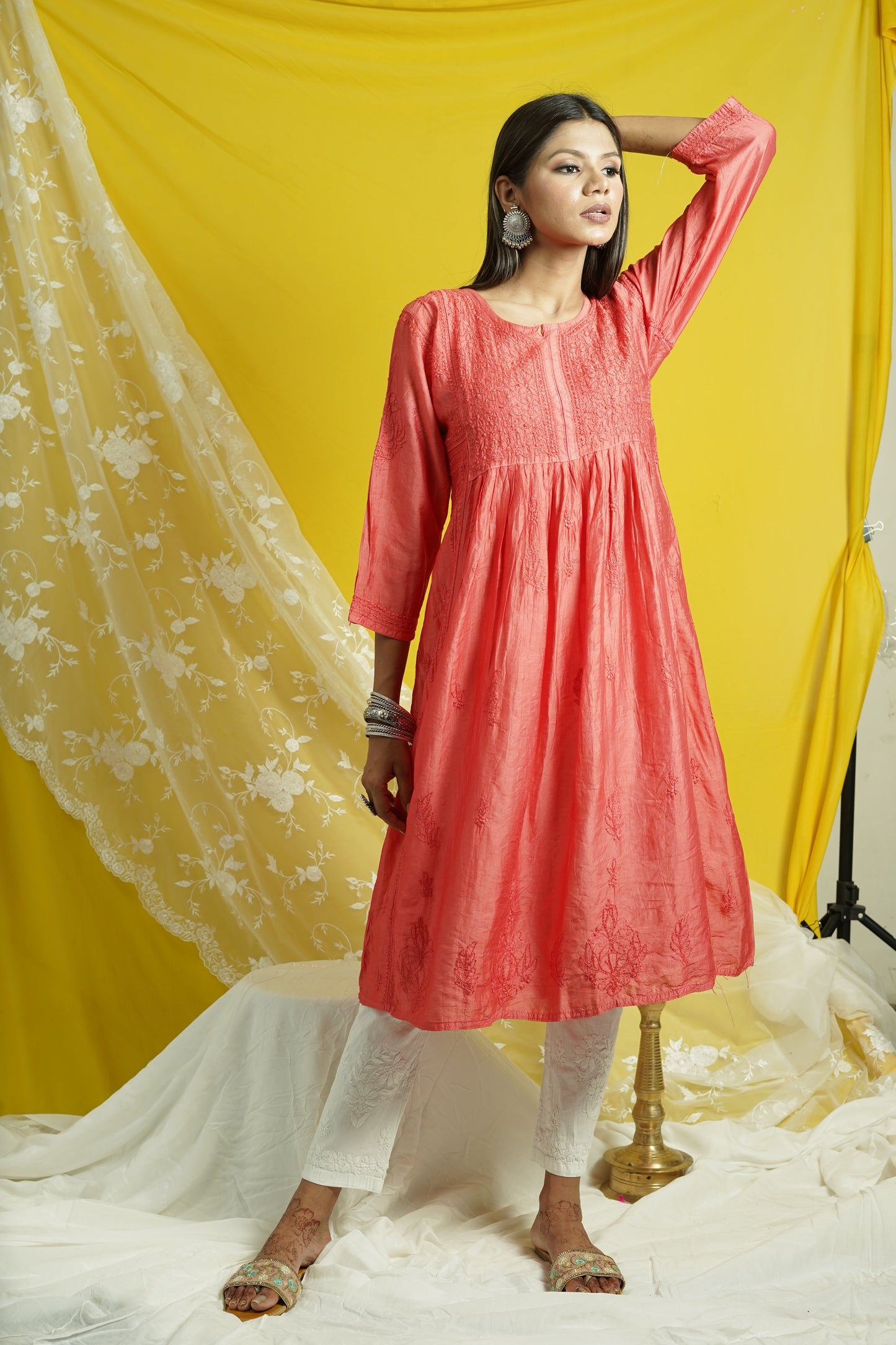 Chanderi Fit And Flare Long Chikankari Kurti
