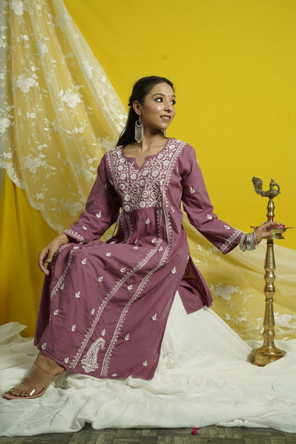 Cotton Chikankari Kalidar Long Kurti