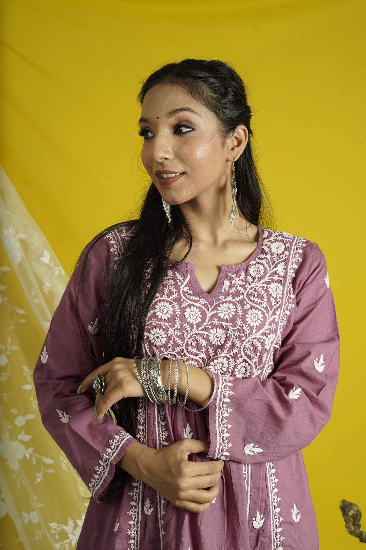 Cotton Chikankari Kalidar Long Kurti