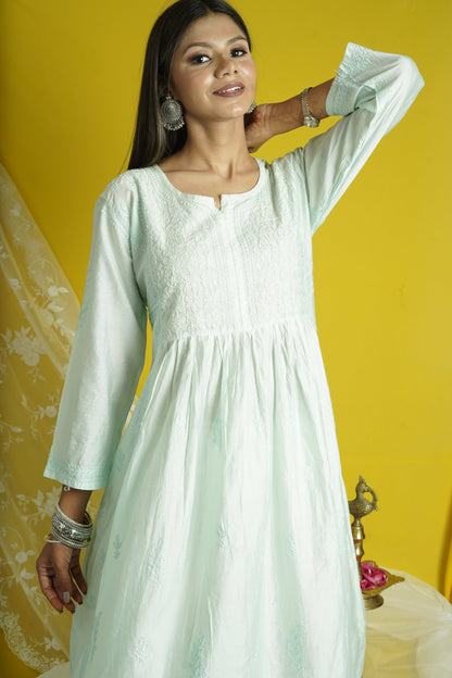 Chanderi Fit And Flare Long Chikankari Kurti