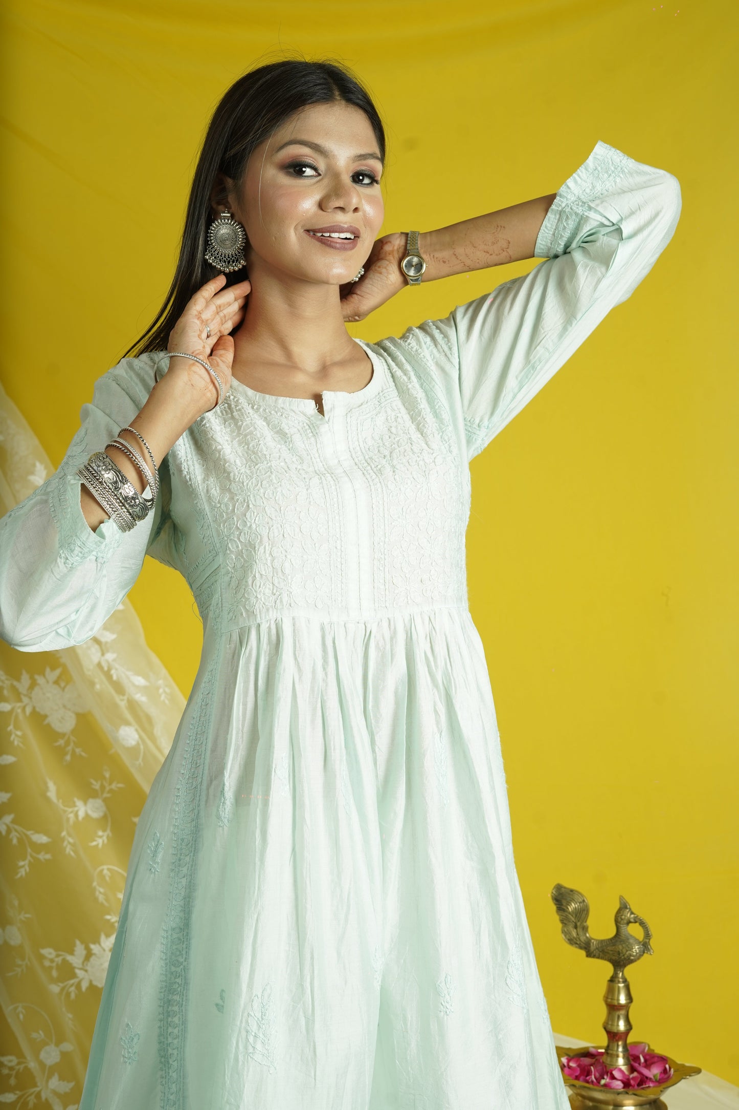 Chanderi Fit And Flare Long Chikankari Kurti
