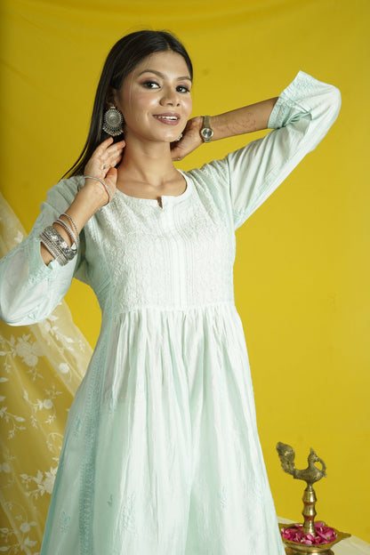 Chanderi Fit And Flare Long Chikankari Kurti