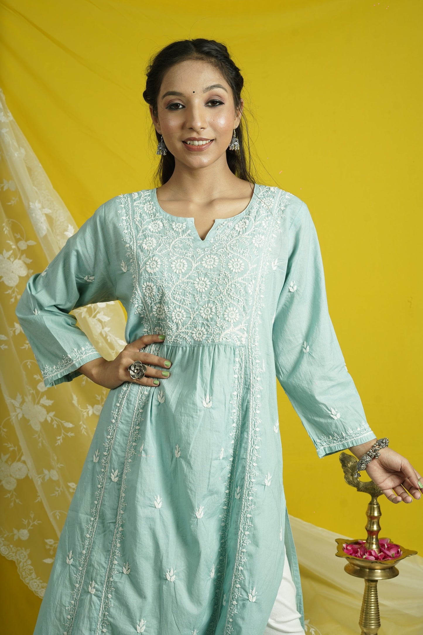Cotton Chikankari Kalidar Long Kurti