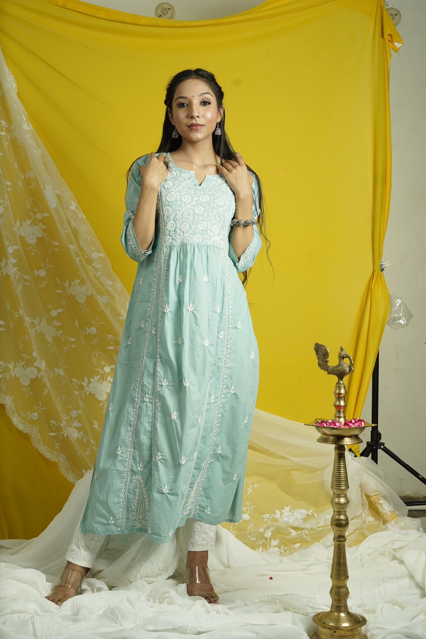 Cotton Chikankari Kalidar Long Kurti