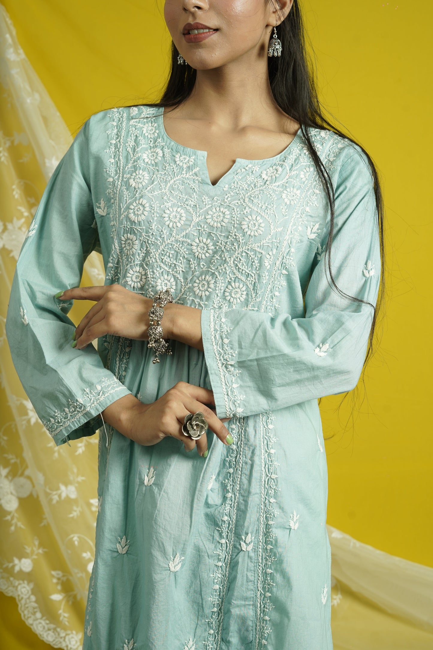Cotton Chikankari Kalidar Long Kurti
