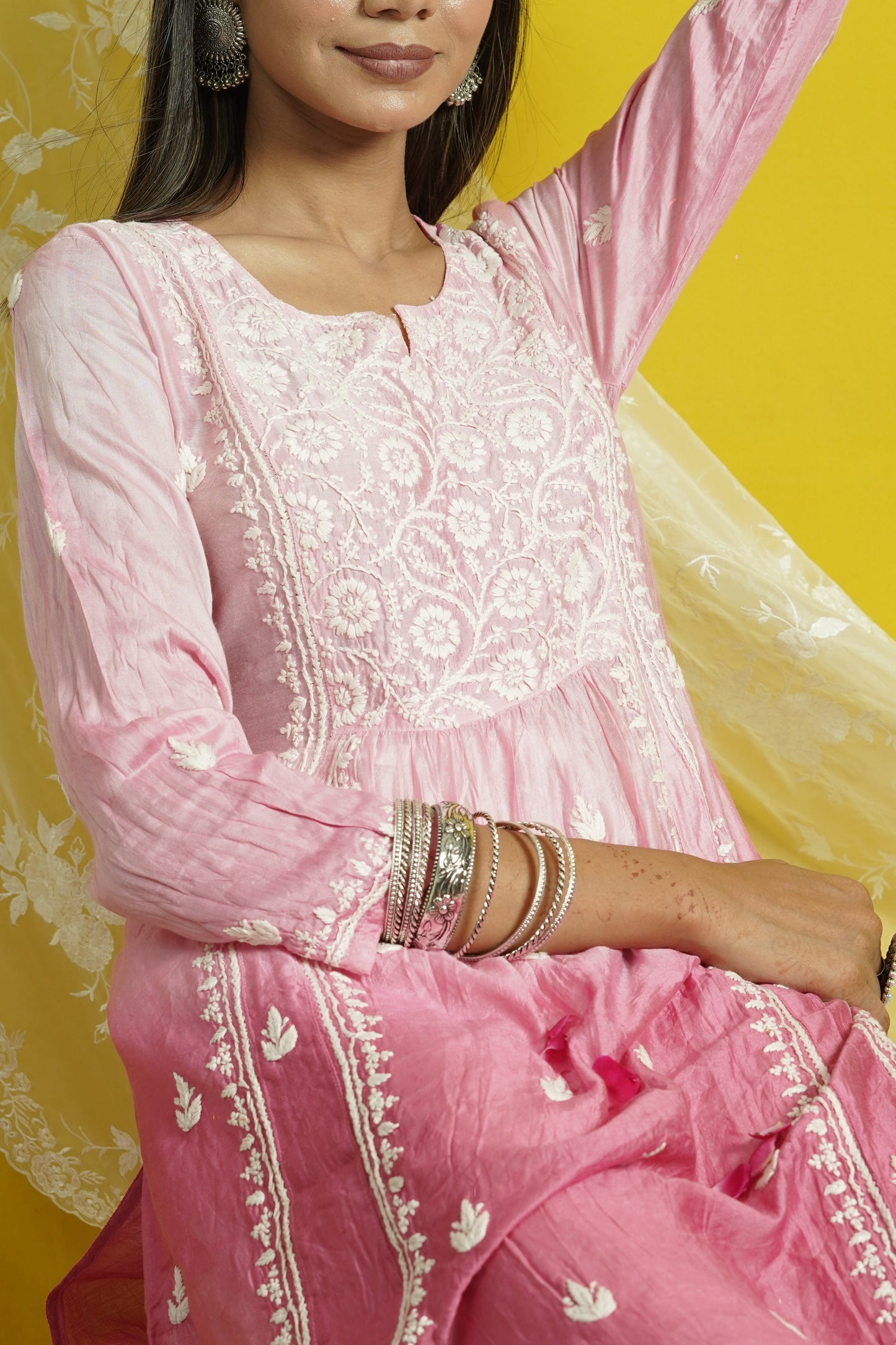 Chanderi Chikankari Long Kalidaar Kurti