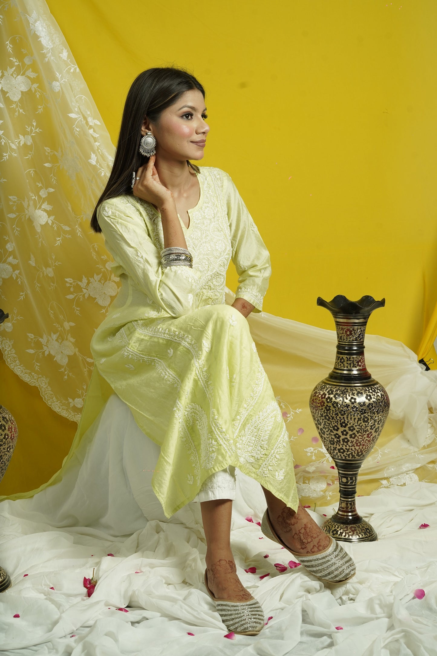 Chanderi Chikankari Long Kalidaar Kurti
