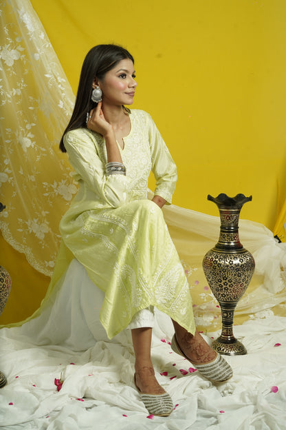 Chanderi Chikankari Long Kalidaar Kurti
