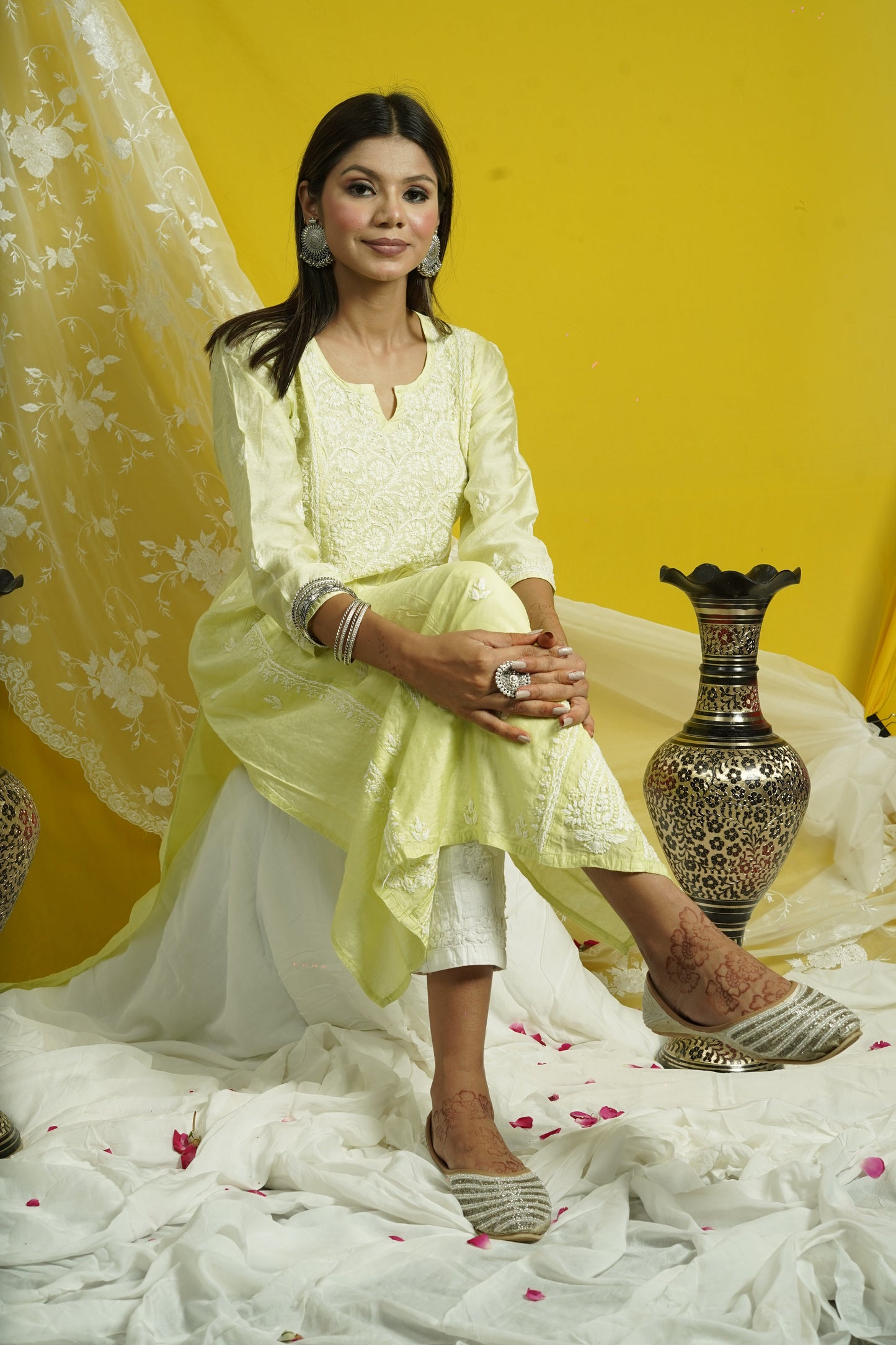 Chanderi Chikankari Long Kalidaar Kurti