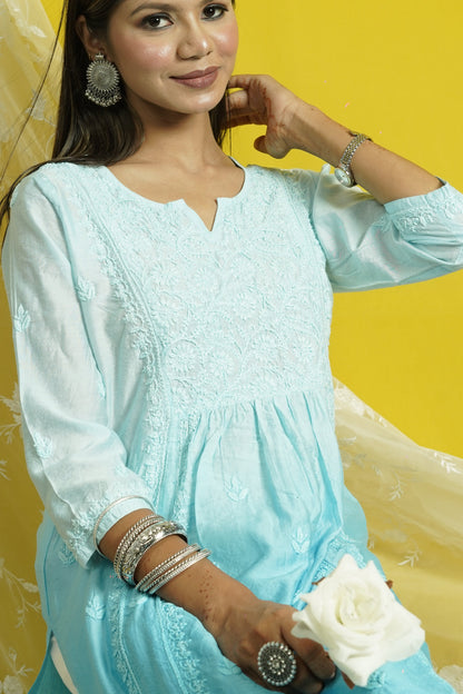 Chanderi Chikankari Long Kalidaar Kurti