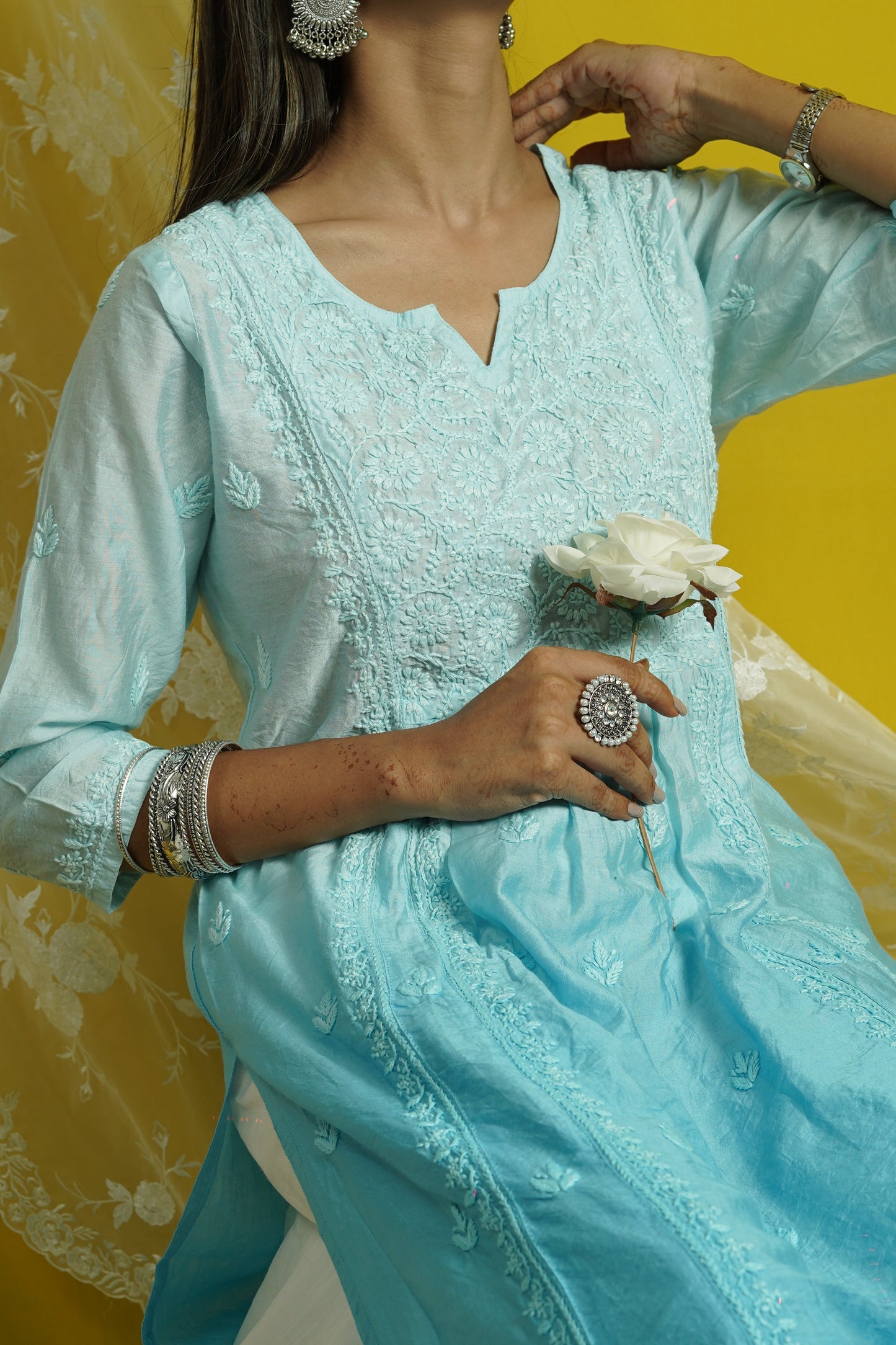 Chanderi Chikankari Long Kalidaar Kurti