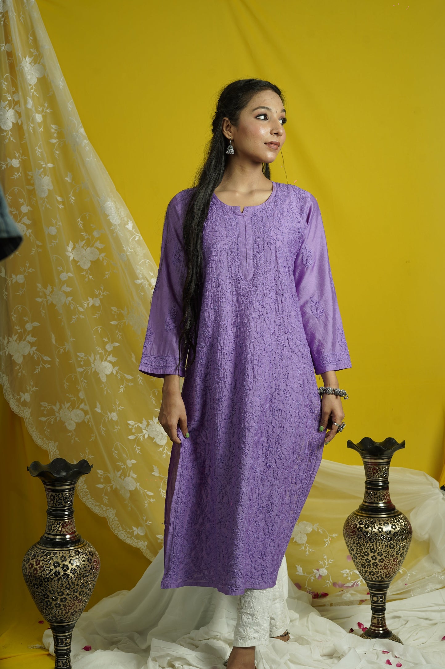 Chanderi Chikankari Long Straight Kurti