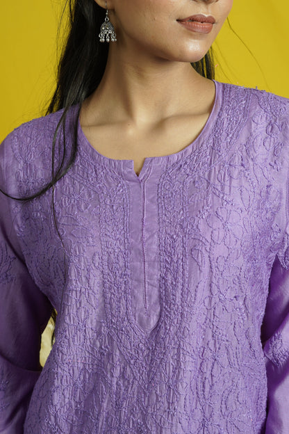 Chanderi Chikankari Long Straight Kurti