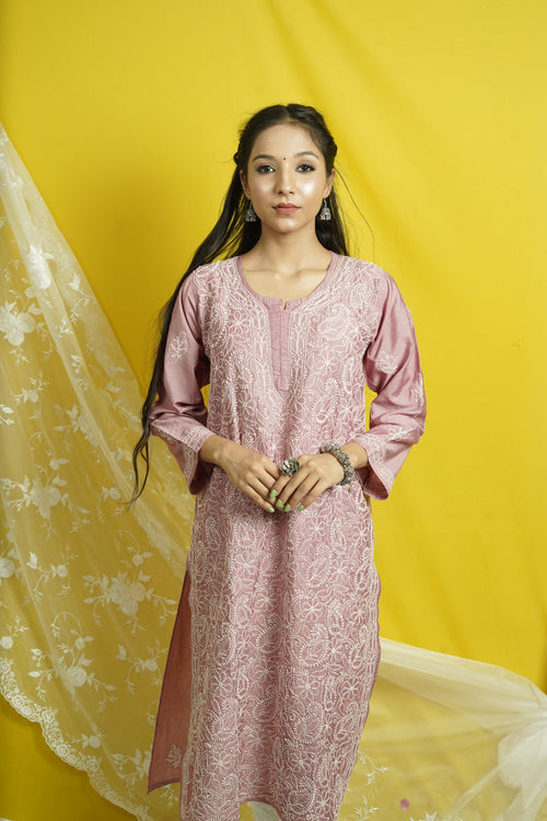 Chanderi Chikankari Long Straight Kurti