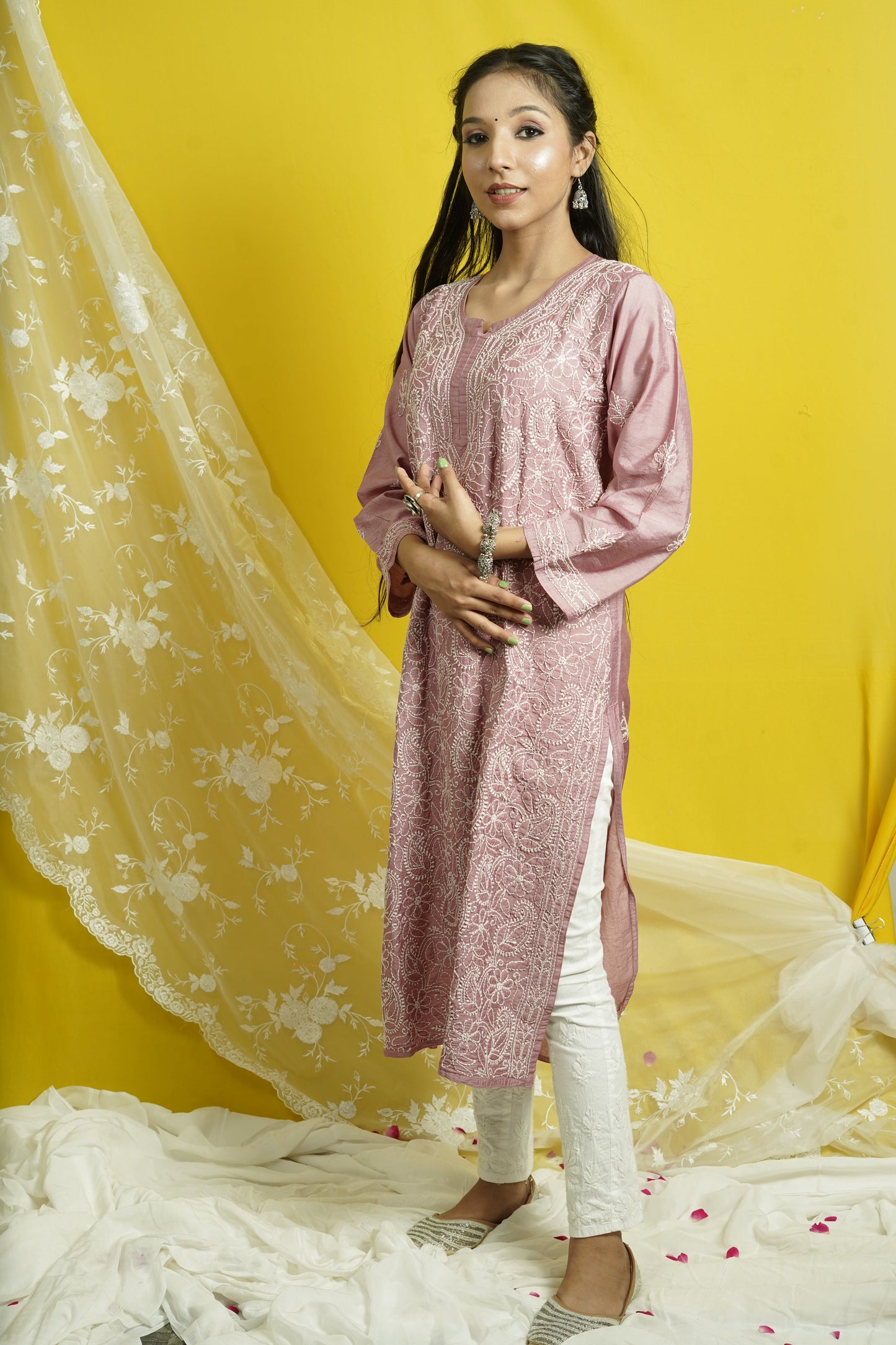 Chanderi Chikankari Long Straight Kurti