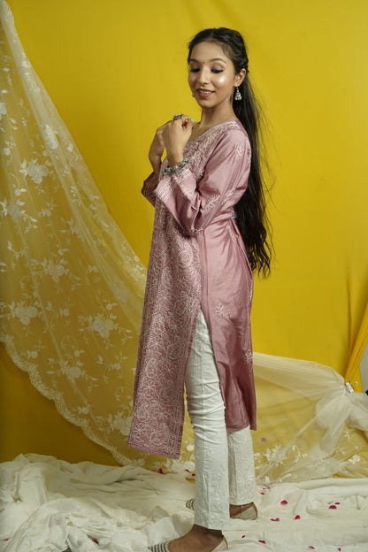 Chanderi Chikankari Long Straight Kurti