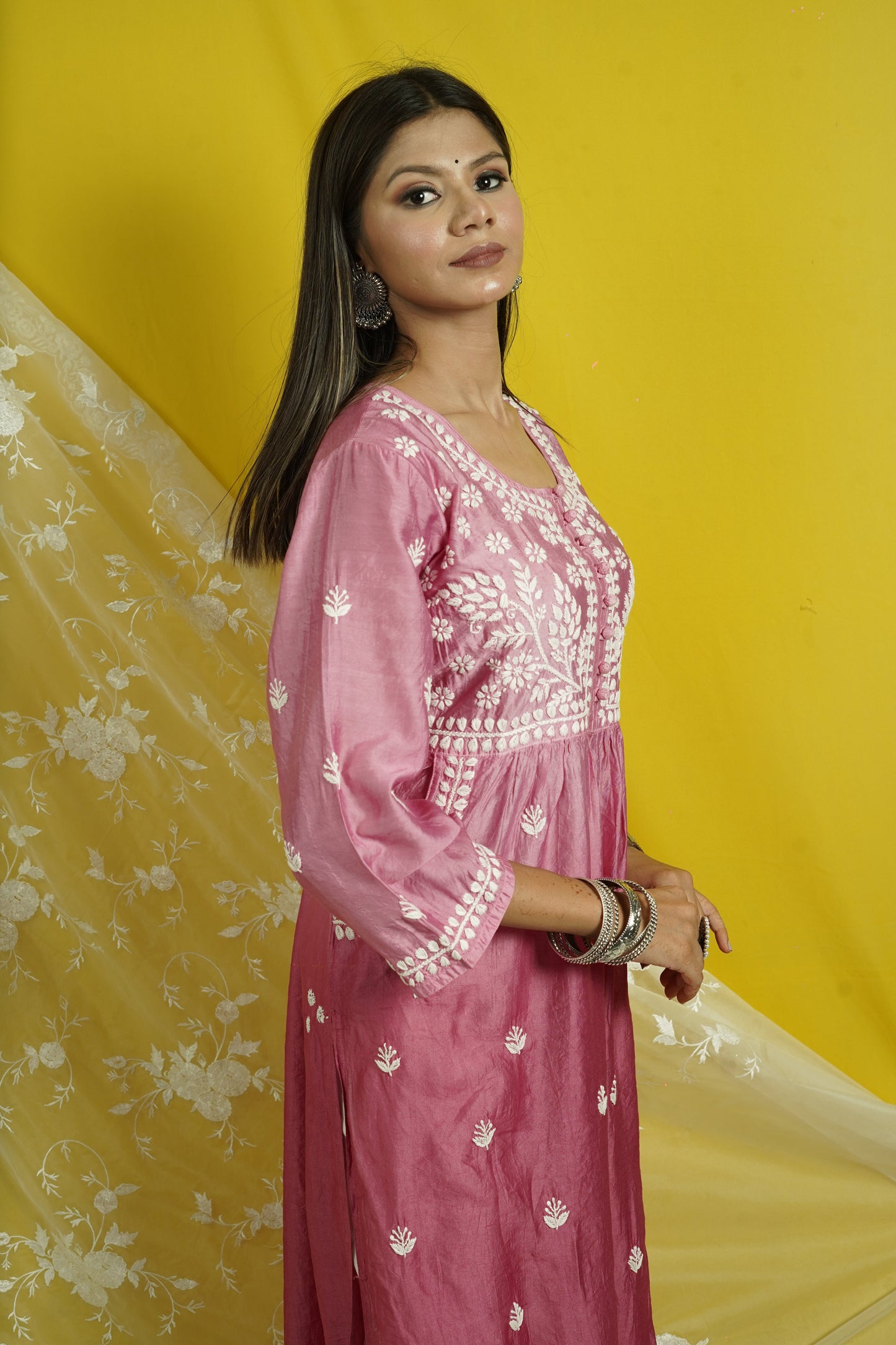 Chanderi Chikankari long kurti with pockets.