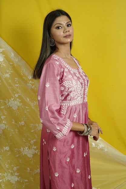 Chanderi Chikankari long kurti with pockets.