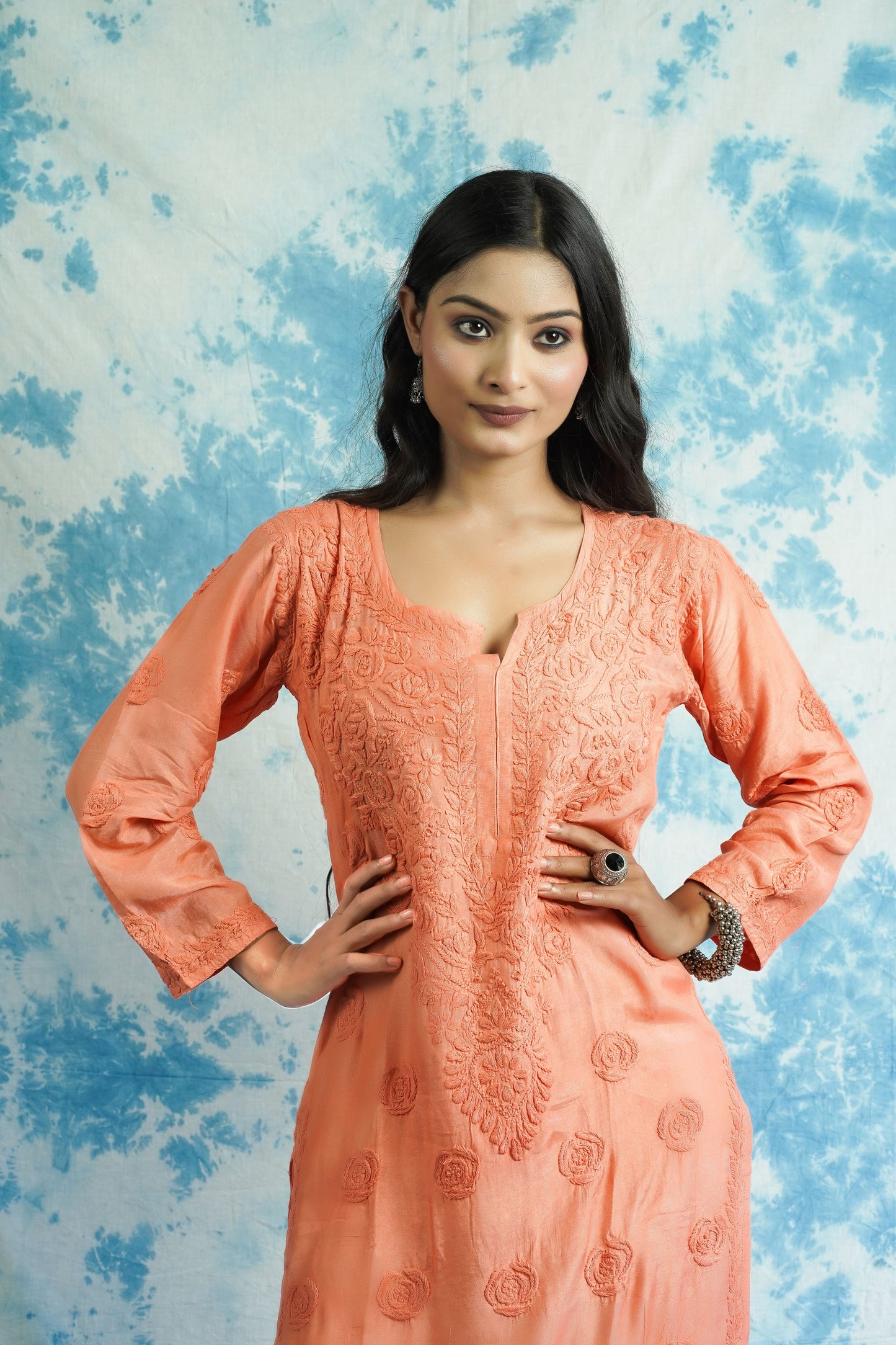 Muslin Silk Long Chikankari Kurti
