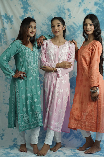 Muslin Silk Long Chikankari Kurti