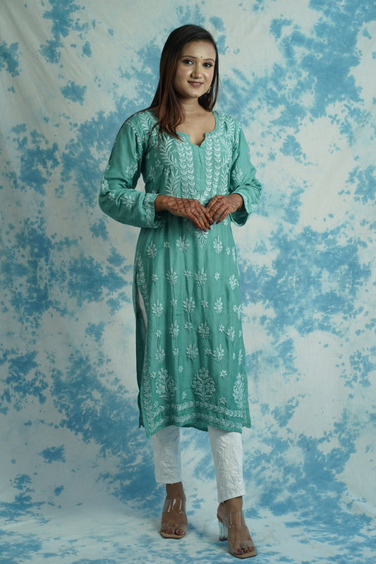 Muslin Silk Long Chikankari Kurti