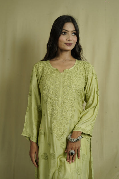 Muslin Silk Long Chikankari Kurti