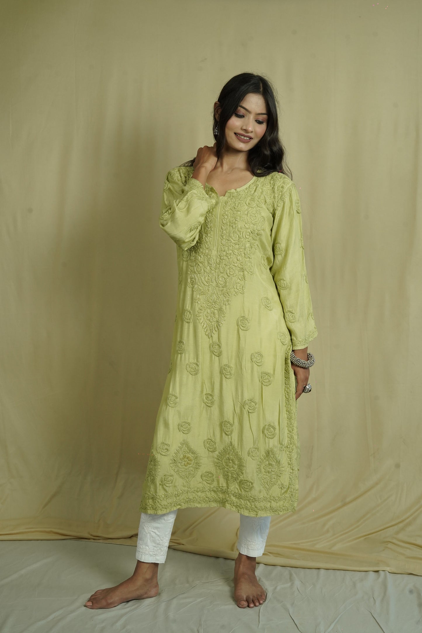 Muslin Silk Long Chikankari Kurti