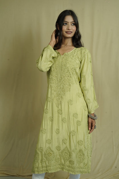 Muslin Silk Long Chikankari Kurti