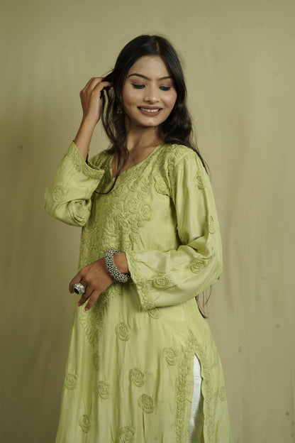Muslin Silk Long Chikankari Kurti