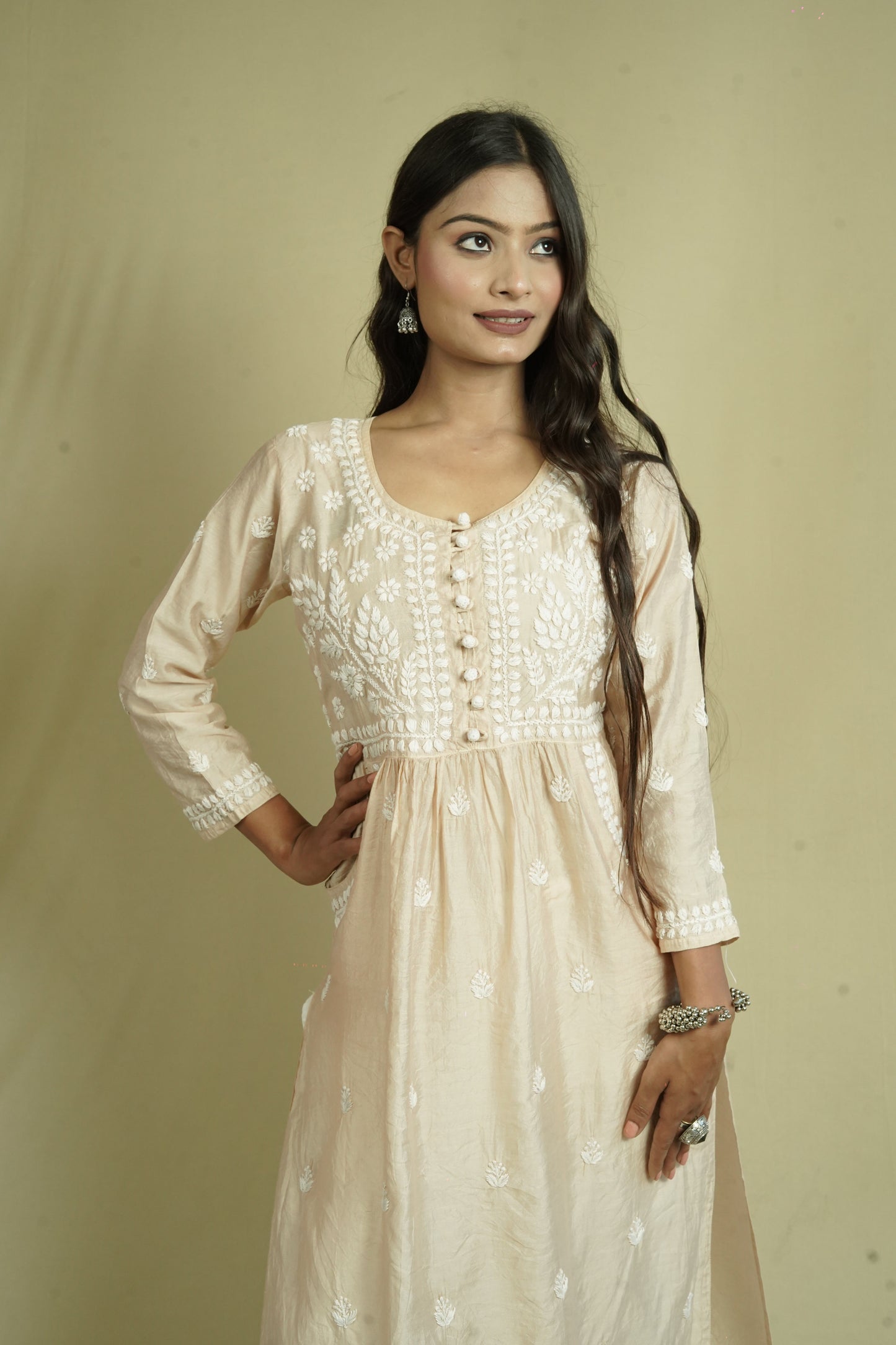 Chanderi Chikankari long kurti with pockets.