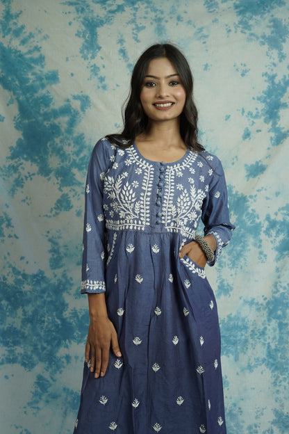 Chanderi Chikankari long kurti with pockets.